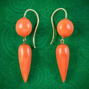 Antique Victorian Coral Drop Earrings 15ct Gold