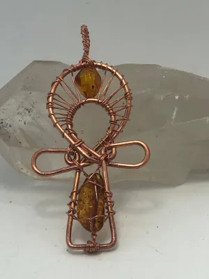 Baltic Amber Copper Egyptian Kemetic Coptic Cross  Ankh Wirewrapped Wearable Pendant Necklace