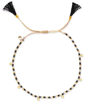 Beaded Black Tassel Bracelet with Gold Disc Charms