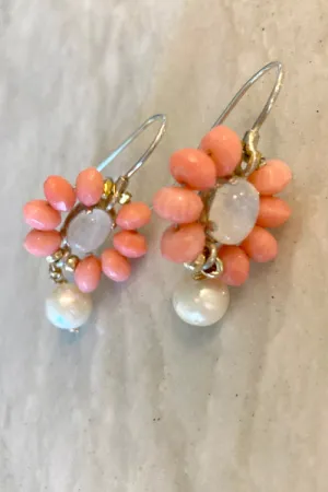 Coral Gems and Pearl Earrings | Moonstone Accent & Artisan Craftsmanship | By Pearly Girls