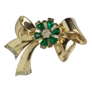 Emerald, Diamanté & Vermeil Ribbon Brooch