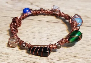 Hand Crafted Antique Copper Memory Wire Wrapped Bracelet, with Multi Color (Blue, Green, Black) Czech Glass Beads