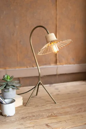 Kalalou Antique Brass Finish Table Lamp With Rattan Umbrella Shade