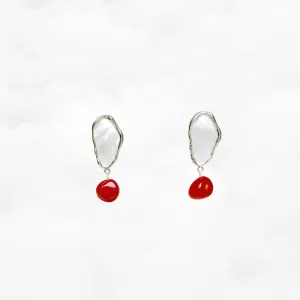 Mother Pearl and Red Coral Cluster Earrings Silver