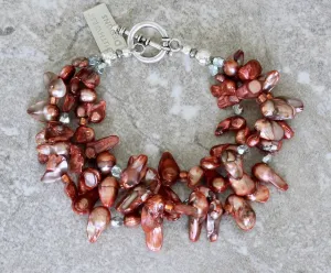 Rose-Colored Keshi Pearl 3-Strand Bracelet with Translucent Silver Czech Fire Polished Glass, Copper-Rose Rondelle Beads, and a Sterling Silver Toggle Clasp