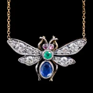 Sapphire Diamond Emerald Garnet Insect Pendant Necklace 18Ct Gold Silver