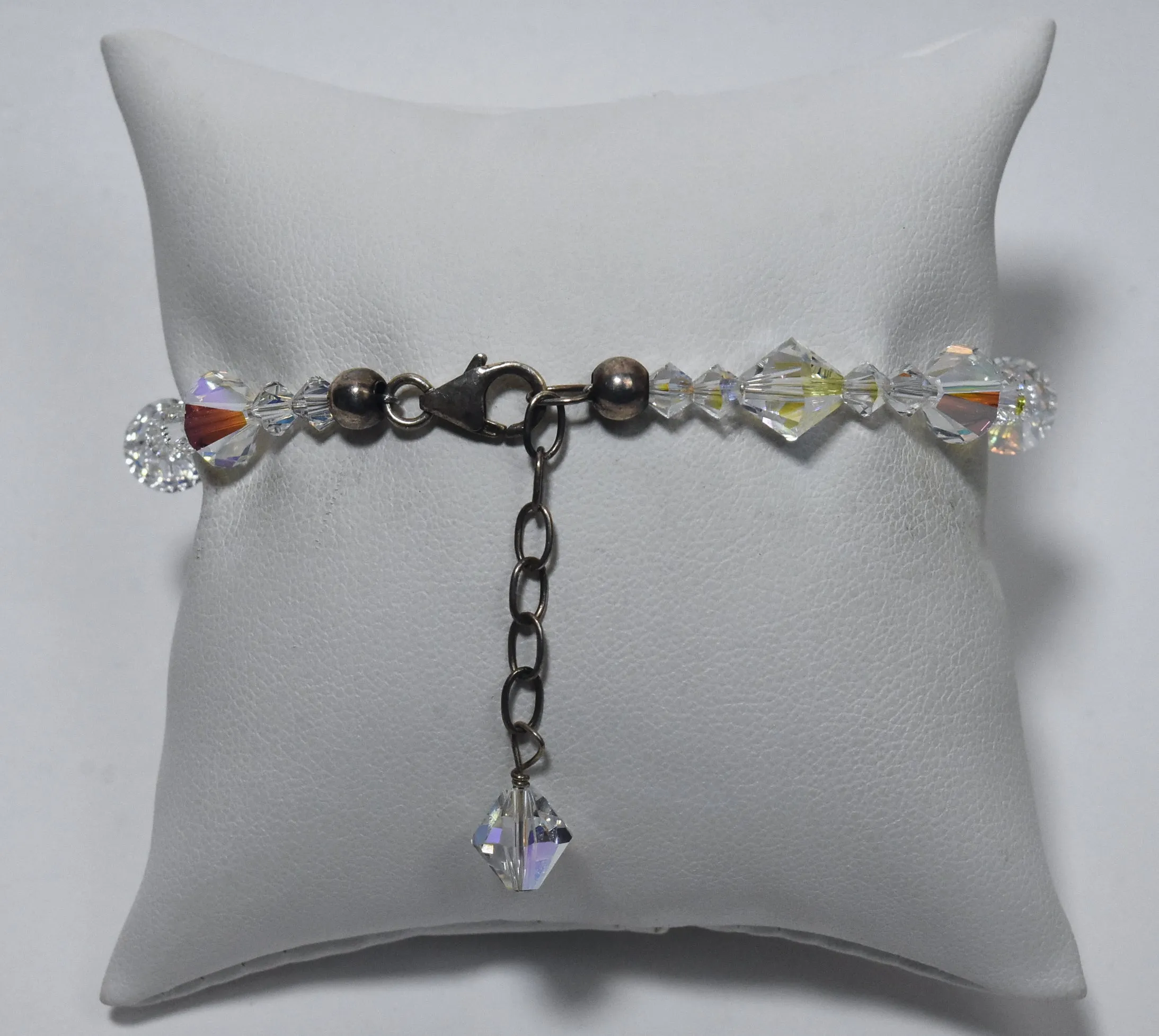 Sterling Silver Clasp and Extension Chain Iridescent Glass Beaded Bracelet