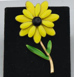 Vintage Gold Tone Yellow Enamel Flower Brooch