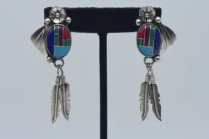 Vintage Handmade Sterling Silver Inlaid Dangle Earrings