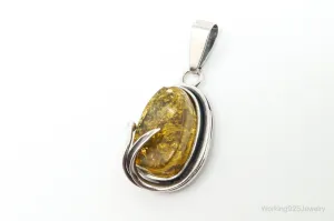 Vintage Honey Amber Modernist Sterling Silver Necklace Pendant