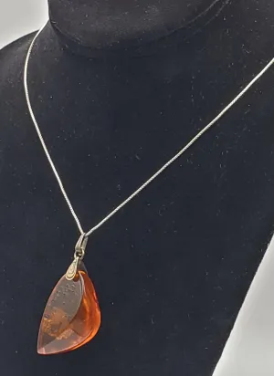 Vintage Soviet Amber Modernist Freeform Sculpted Pendant on Sterling Silver Necklace - 16.25"